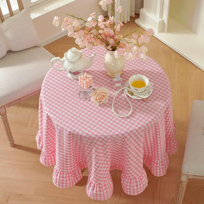 Ruffled Gingham Tablecloth Round Check Striped Washed Cotton Table Cloth