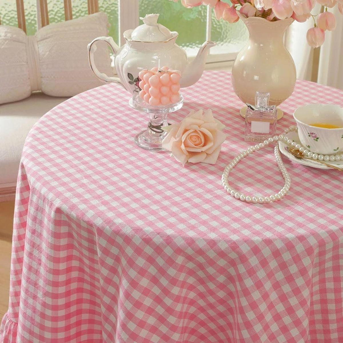 Ruffled Gingham Tablecloth Round Check Striped Washed Cotton Table Cloth
