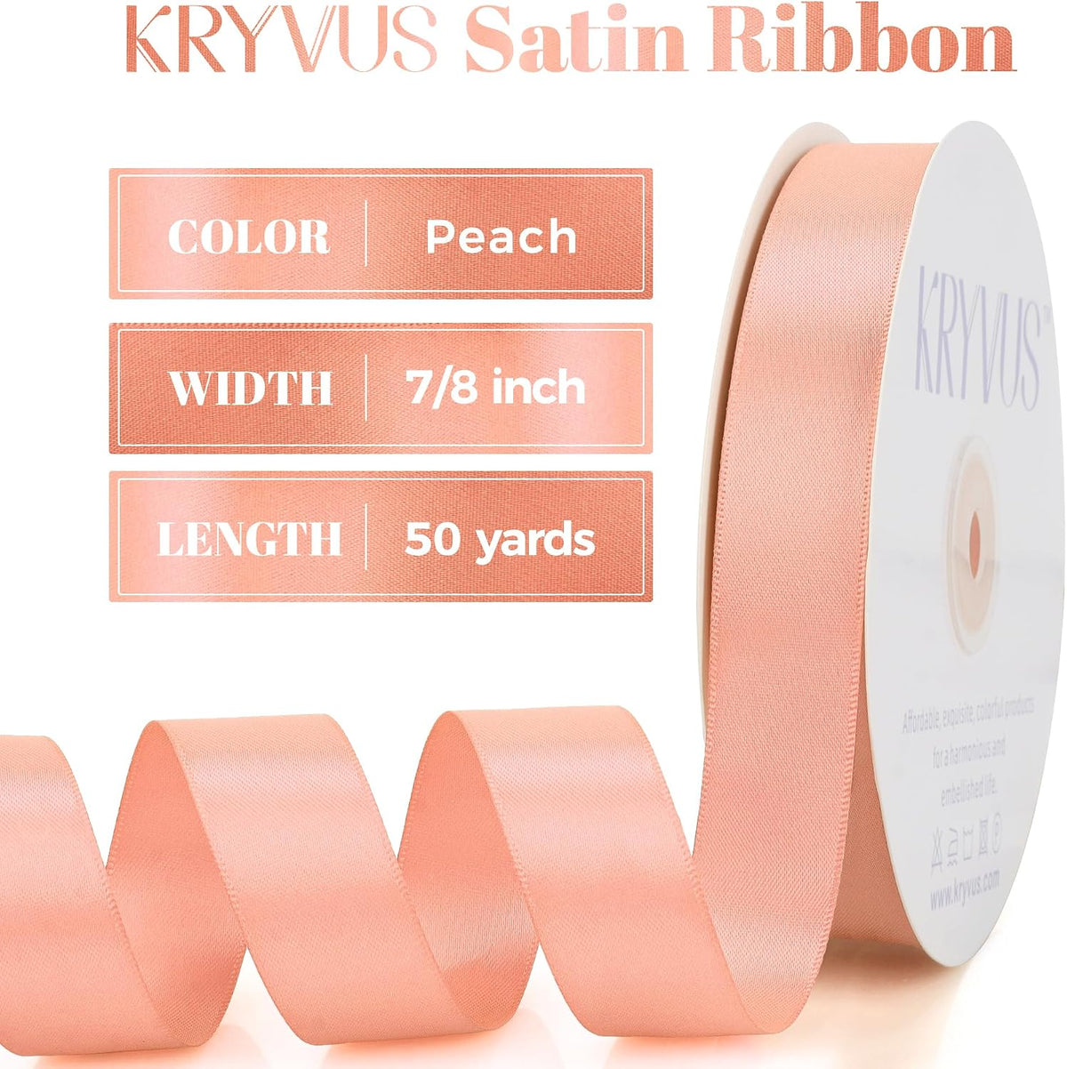 Peach Satin Ribbon, Double Faced 7/8 Inch X 50 Yards, Premium Satin Ribbon for Gift Wrapping, Crafts, Hair Bow Making, Sewing, Flower Bouquet, Wedding Party Decor