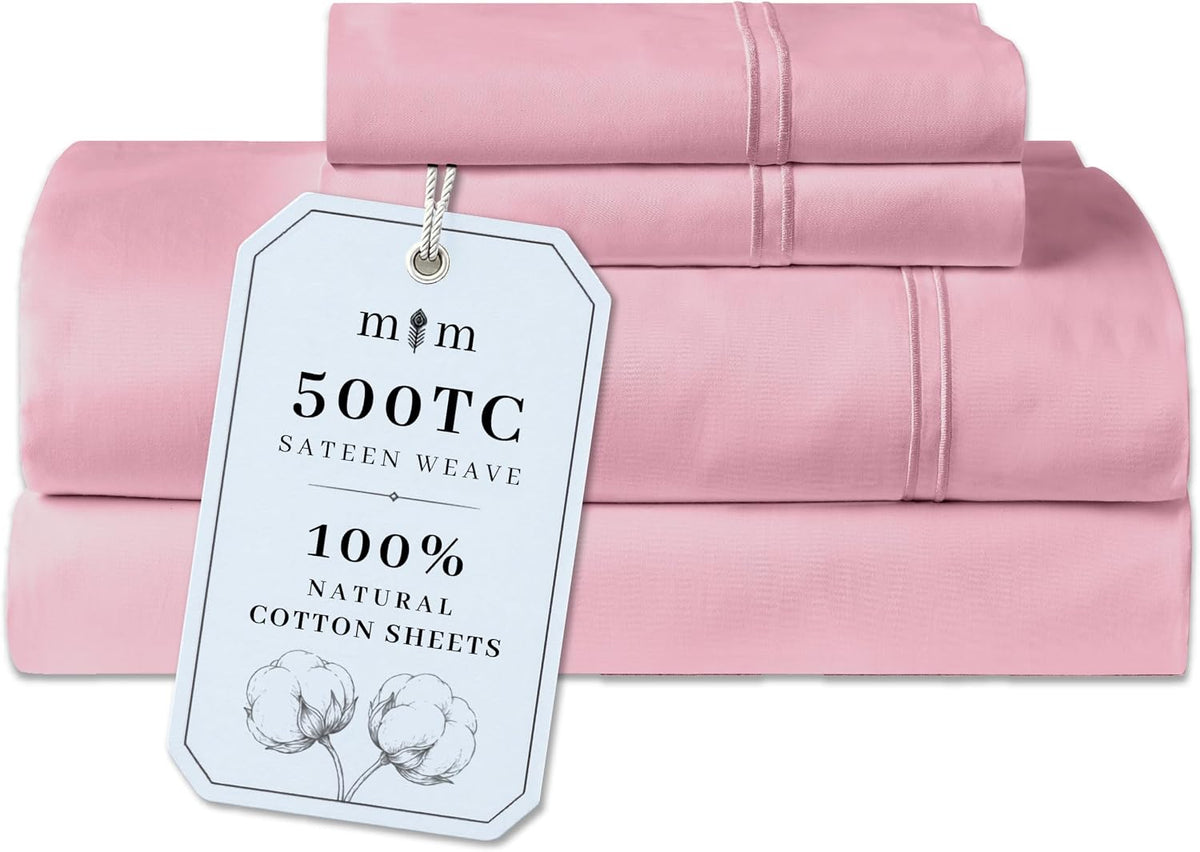 Queen Size Sheet Set, 500 TC Single-Ply Cotton Sateen, 4-Piece, Blush