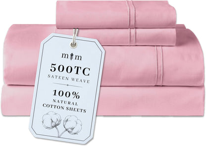Queen Size Sheet Set, 500 TC Single-Ply Cotton Sateen, 4-Piece, Blush