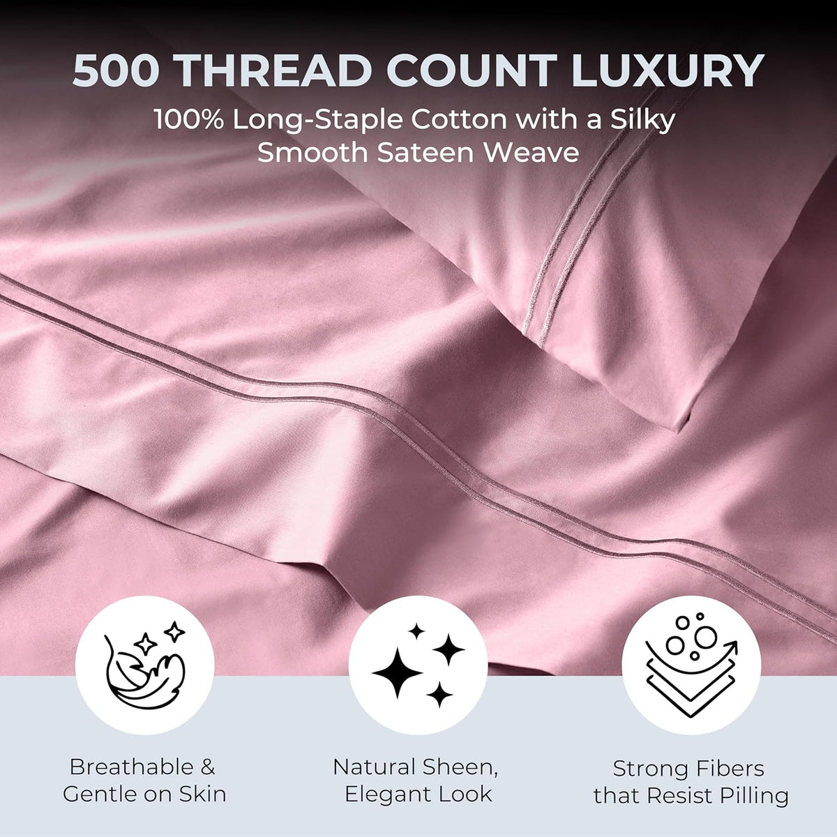 Queen Size Sheet Set, 500 TC Single-Ply Cotton Sateen, 4-Piece, Blush