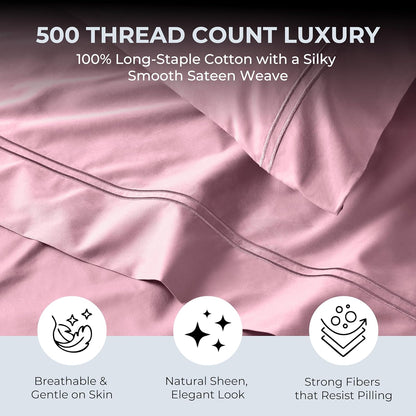 Queen Size Sheet Set, 500 TC Single-Ply Cotton Sateen, 4-Piece, Blush