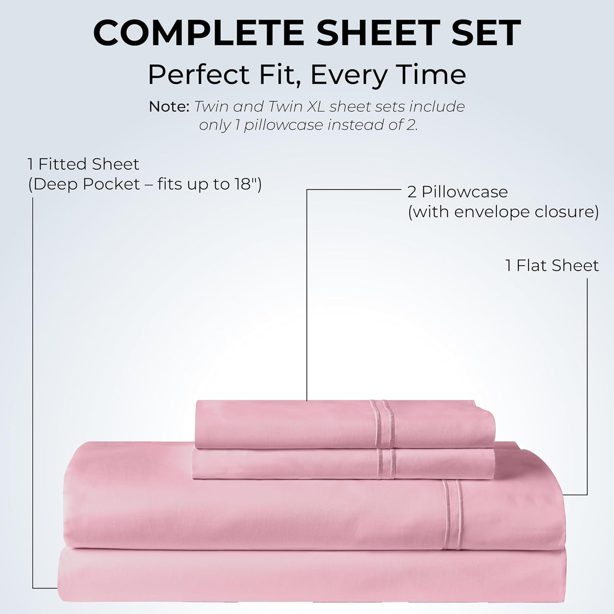 Queen Size Sheet Set, 500 TC Single-Ply Cotton Sateen, 4-Piece, Blush