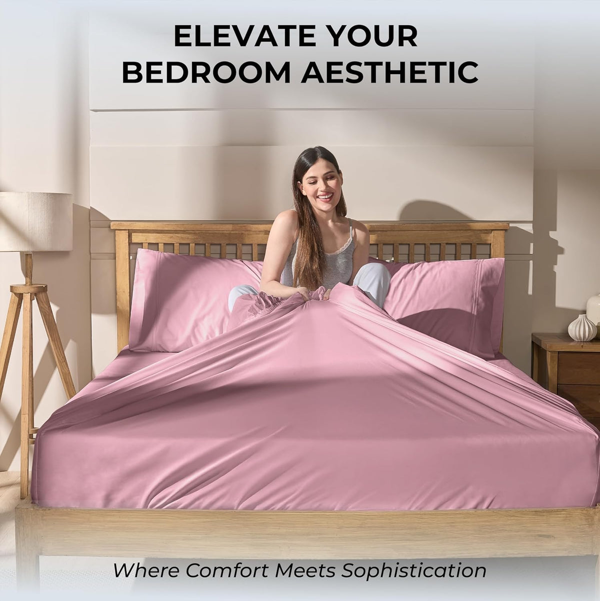 Queen Size Sheet Set, 500 TC Single-Ply Cotton Sateen, 4-Piece, Blush