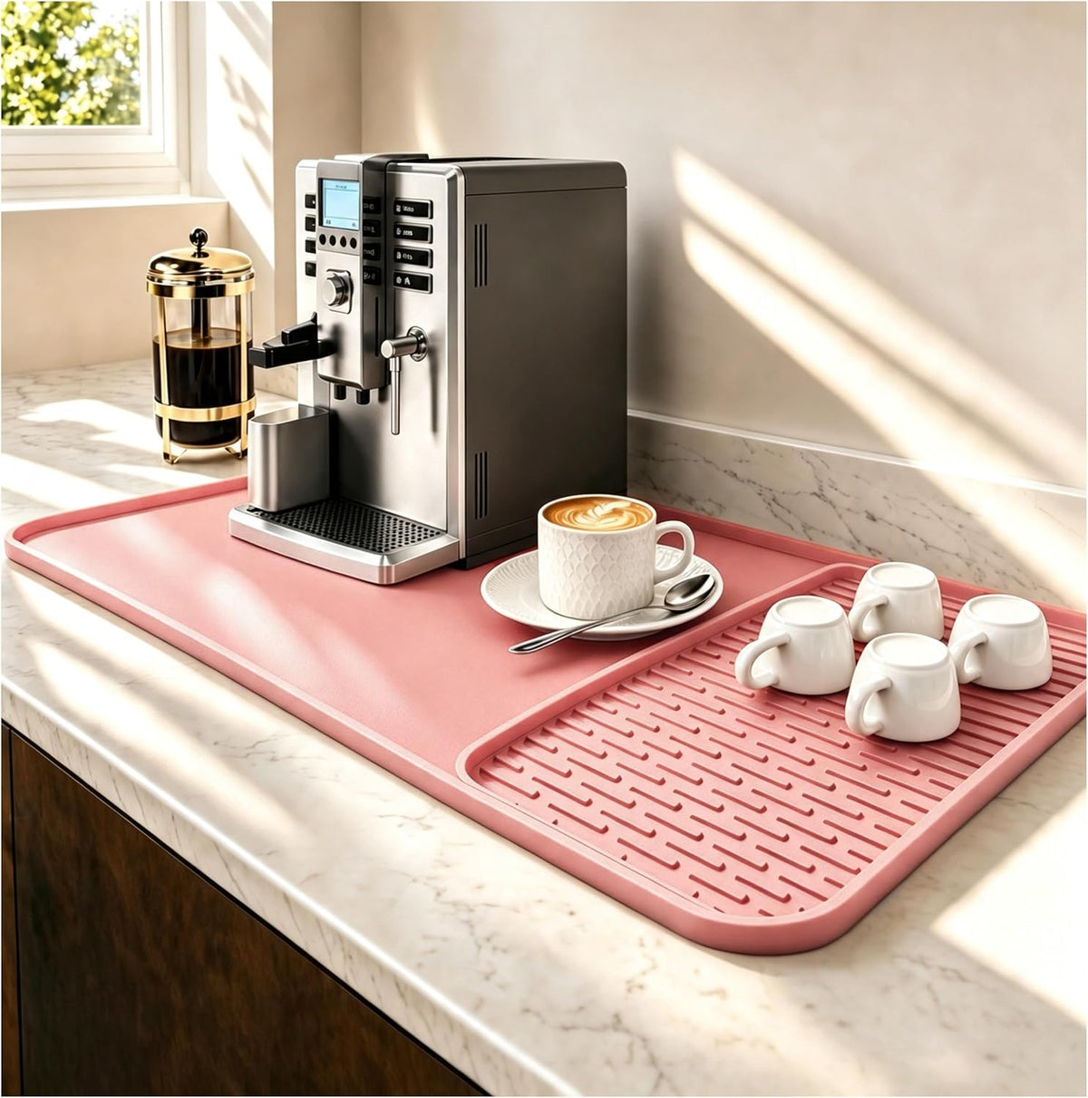 2 In 1 16"x20" Silicone Coffee Bar Mat Accessories for espresso Machine with Detachable Dish Drying Mat Easy to Clean Kitchen Cafetera Barista Tools Pink Room Decor Cut Girls Gifts