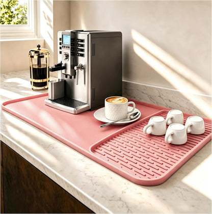 2 In 1 16"x20" Silicone Coffee Bar Mat Accessories for espresso Machine with Detachable Dish Drying Mat Easy to Clean Kitchen Cafetera Barista Tools Pink Room Decor Cut Girls Gifts