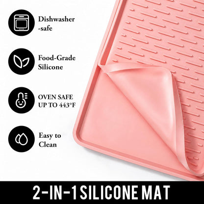 2 In 1 16"x20" Silicone Coffee Bar Mat Accessories for espresso Machine with Detachable Dish Drying Mat Easy to Clean Kitchen Cafetera Barista Tools Pink Room Decor Cut Girls Gifts