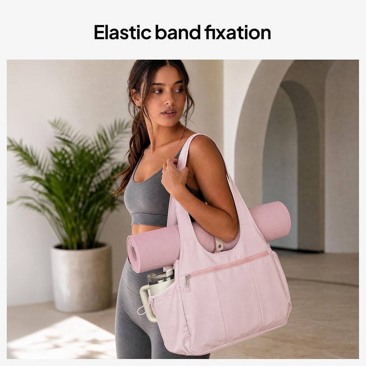 Foldable Tote Bag for Women with Yoga Mat Holder,Travel Tote Bag with Water Bottle Pocket,Lightweight Workout Gym Bag