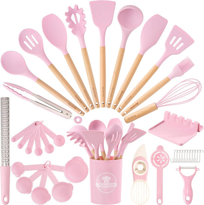 Kitchen Utensils set, 39 PCS Silicone Cooking Utensils Set with Wooden Handle, 446°F Heat Resistant Food Grade Utensil Sets, BPA Free Kitchen Gadgets Tools Set for Nonstick Cookware (Pink)