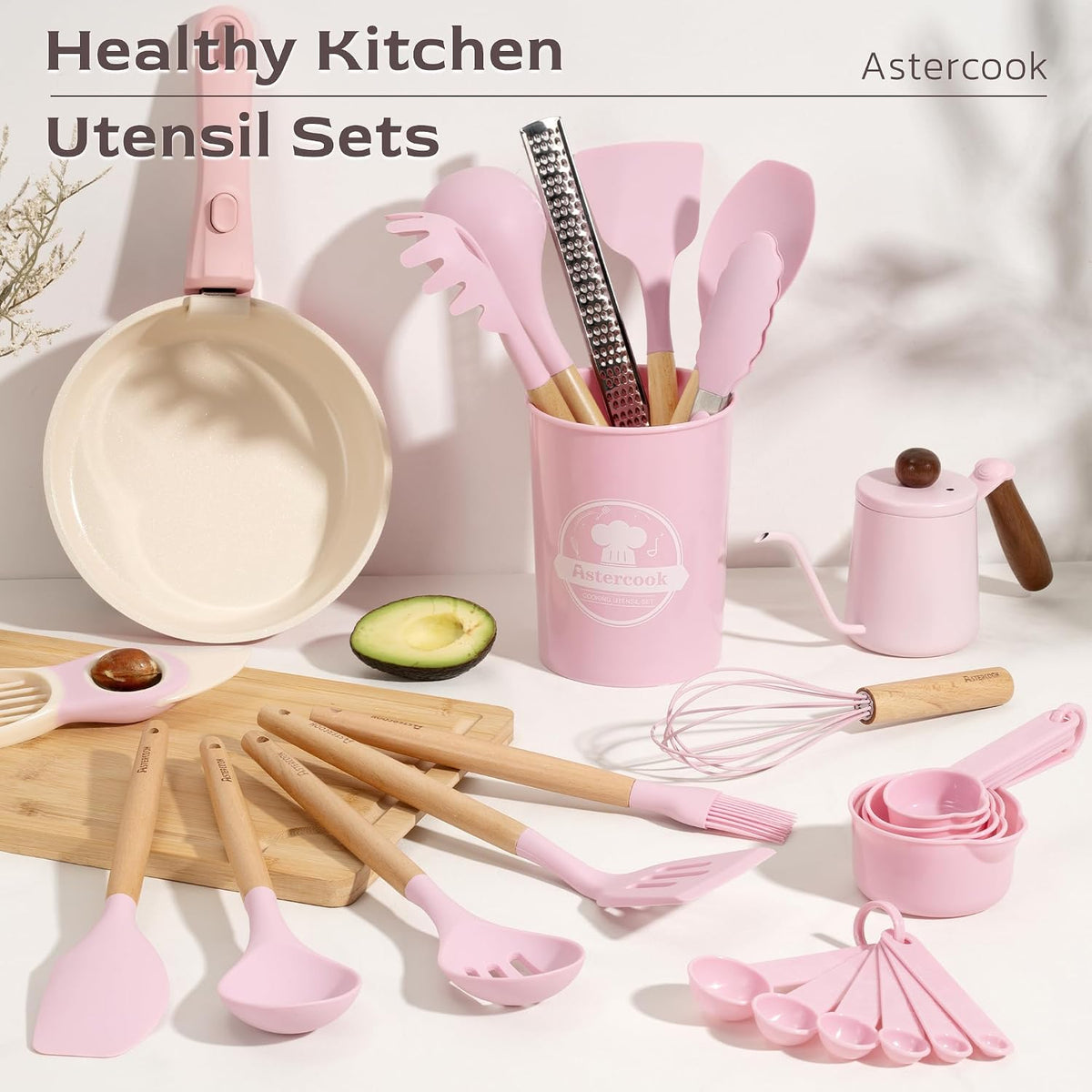 Kitchen Utensils set, 39 PCS Silicone Cooking Utensils Set with Wooden Handle, 446°F Heat Resistant Food Grade Utensil Sets, BPA Free Kitchen Gadgets Tools Set for Nonstick Cookware (Pink)