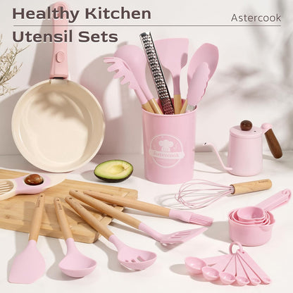 Kitchen Utensils set, 39 PCS Silicone Cooking Utensils Set with Wooden Handle, 446°F Heat Resistant Food Grade Utensil Sets, BPA Free Kitchen Gadgets Tools Set for Nonstick Cookware (Pink)