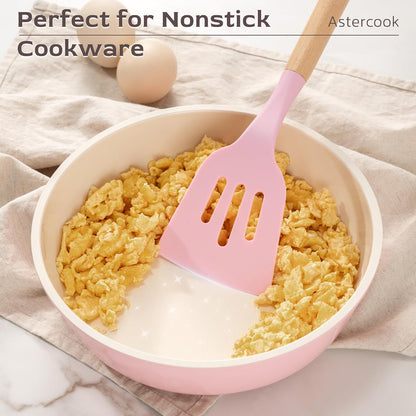 Kitchen Utensils set, 39 PCS Silicone Cooking Utensils Set with Wooden Handle, 446°F Heat Resistant Food Grade Utensil Sets, BPA Free Kitchen Gadgets Tools Set for Nonstick Cookware (Pink)