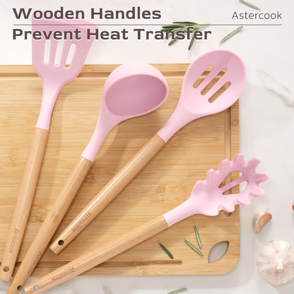 Kitchen Utensils set, 39 PCS Silicone Cooking Utensils Set with Wooden Handle, 446°F Heat Resistant Food Grade Utensil Sets, BPA Free Kitchen Gadgets Tools Set for Nonstick Cookware (Pink)