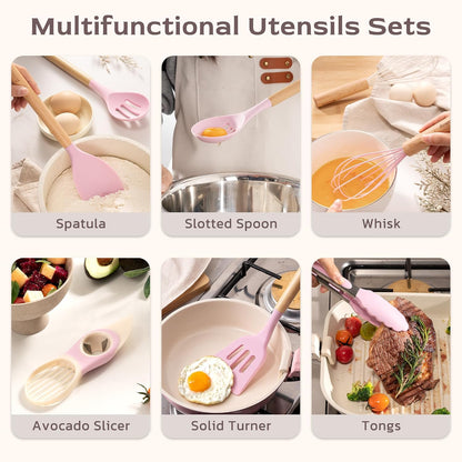 Kitchen Utensils set, 39 PCS Silicone Cooking Utensils Set with Wooden Handle, 446°F Heat Resistant Food Grade Utensil Sets, BPA Free Kitchen Gadgets Tools Set for Nonstick Cookware (Pink)