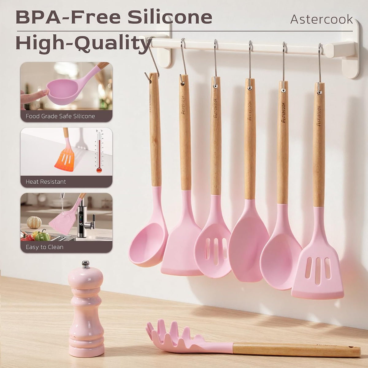 Kitchen Utensils set, 39 PCS Silicone Cooking Utensils Set with Wooden Handle, 446°F Heat Resistant Food Grade Utensil Sets, BPA Free Kitchen Gadgets Tools Set for Nonstick Cookware (Pink)