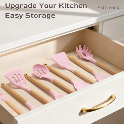 Kitchen Utensils set, 39 PCS Silicone Cooking Utensils Set with Wooden Handle, 446°F Heat Resistant Food Grade Utensil Sets, BPA Free Kitchen Gadgets Tools Set for Nonstick Cookware (Pink)