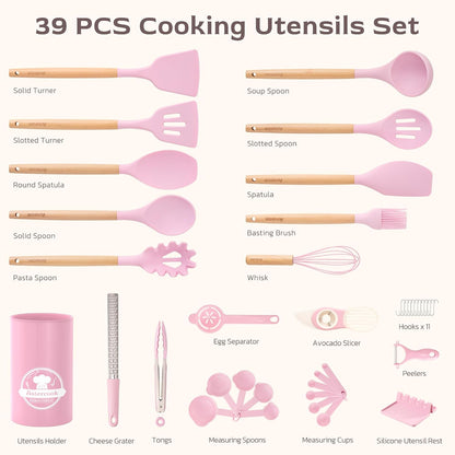Kitchen Utensils set, 39 PCS Silicone Cooking Utensils Set with Wooden Handle, 446°F Heat Resistant Food Grade Utensil Sets, BPA Free Kitchen Gadgets Tools Set for Nonstick Cookware (Pink)