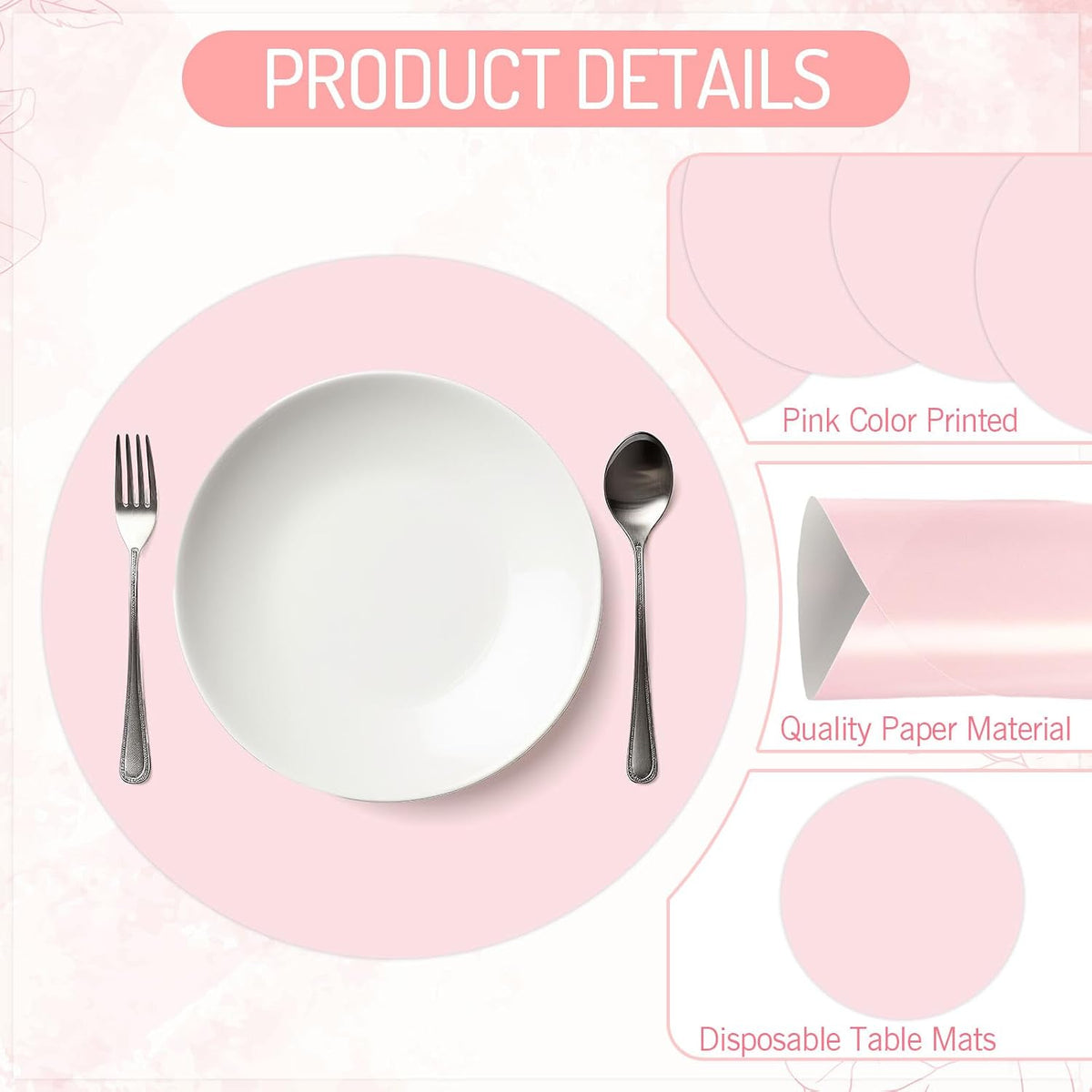 50Pcs Pink Paper Placemat Round Disposable Place Mat Light Pink Decorative Paper Table Mat for Wedding Bridal Baby Shower Birthday Party Table Setting, 13 x 13 Inch