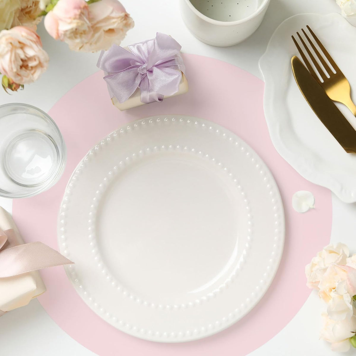 50Pcs Pink Paper Placemat Round Disposable Place Mat Light Pink Decorative Paper Table Mat for Wedding Bridal Baby Shower Birthday Party Table Setting, 13 x 13 Inch