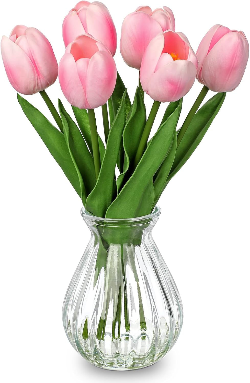 Artificial Tulips Flowers in Glass Vase - 6 Pcs Faux Flowers in Vase with Faux Water 12.5" Fake Tulips Bouquet Floral Arrangement Centerpiece for Dining Table Home Wedding Office Decor, Peach Pink