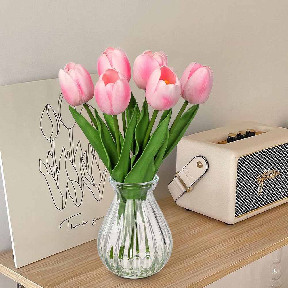 Artificial Tulips Flowers in Glass Vase - 6 Pcs Faux Flowers in Vase with Faux Water 12.5" Fake Tulips Bouquet Floral Arrangement Centerpiece for Dining Table Home Wedding Office Decor, Peach Pink