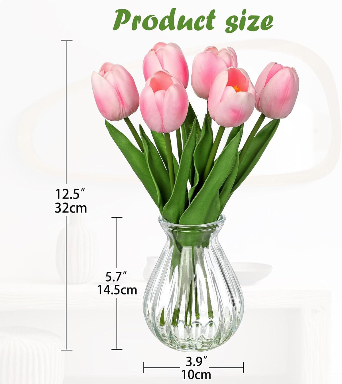 Artificial Tulips Flowers in Glass Vase - 6 Pcs Faux Flowers in Vase with Faux Water 12.5" Fake Tulips Bouquet Floral Arrangement Centerpiece for Dining Table Home Wedding Office Decor, Peach Pink