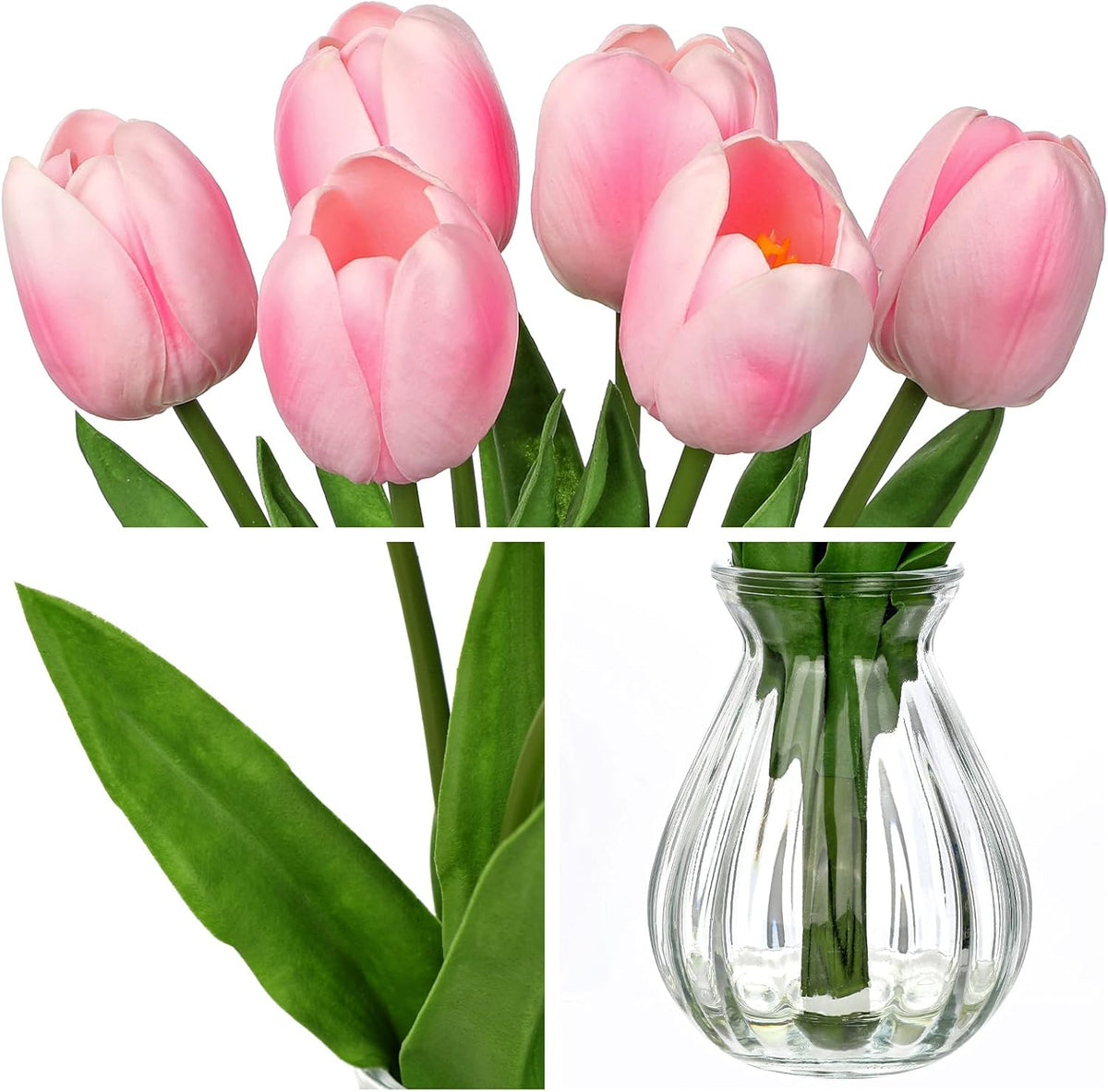 Artificial Tulips Flowers in Glass Vase - 6 Pcs Faux Flowers in Vase with Faux Water 12.5" Fake Tulips Bouquet Floral Arrangement Centerpiece for Dining Table Home Wedding Office Decor, Peach Pink