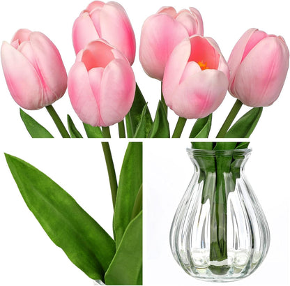 Artificial Tulips Flowers in Glass Vase - 6 Pcs Faux Flowers in Vase with Faux Water 12.5" Fake Tulips Bouquet Floral Arrangement Centerpiece for Dining Table Home Wedding Office Decor, Peach Pink
