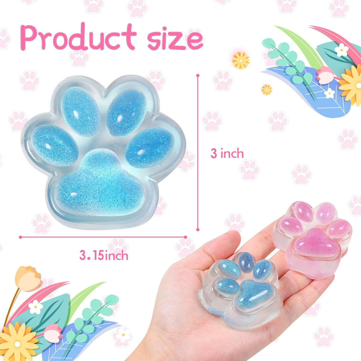 1pcs Pink Squishy Cat Paw Squeeze Toys, Ice Through Sparkling Powder Kawaii Sticky Squishies PVC Toys, Stress Relieving Fur Ball OPP Packaging Gifts for Kids Teenage (1pcs Pink)