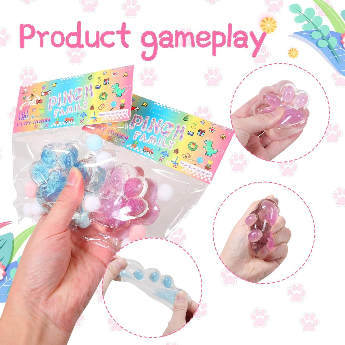 1pcs Pink Squishy Cat Paw Squeeze Toys, Ice Through Sparkling Powder Kawaii Sticky Squishies PVC Toys, Stress Relieving Fur Ball OPP Packaging Gifts for Kids Teenage (1pcs Pink)