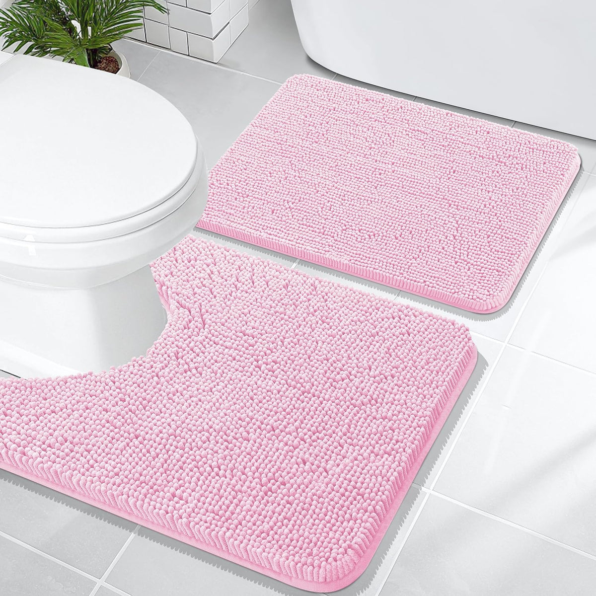 Chenille Bathroom Rugs Mats Sets 2 Piece, 24"x16"+24"x20", Pink