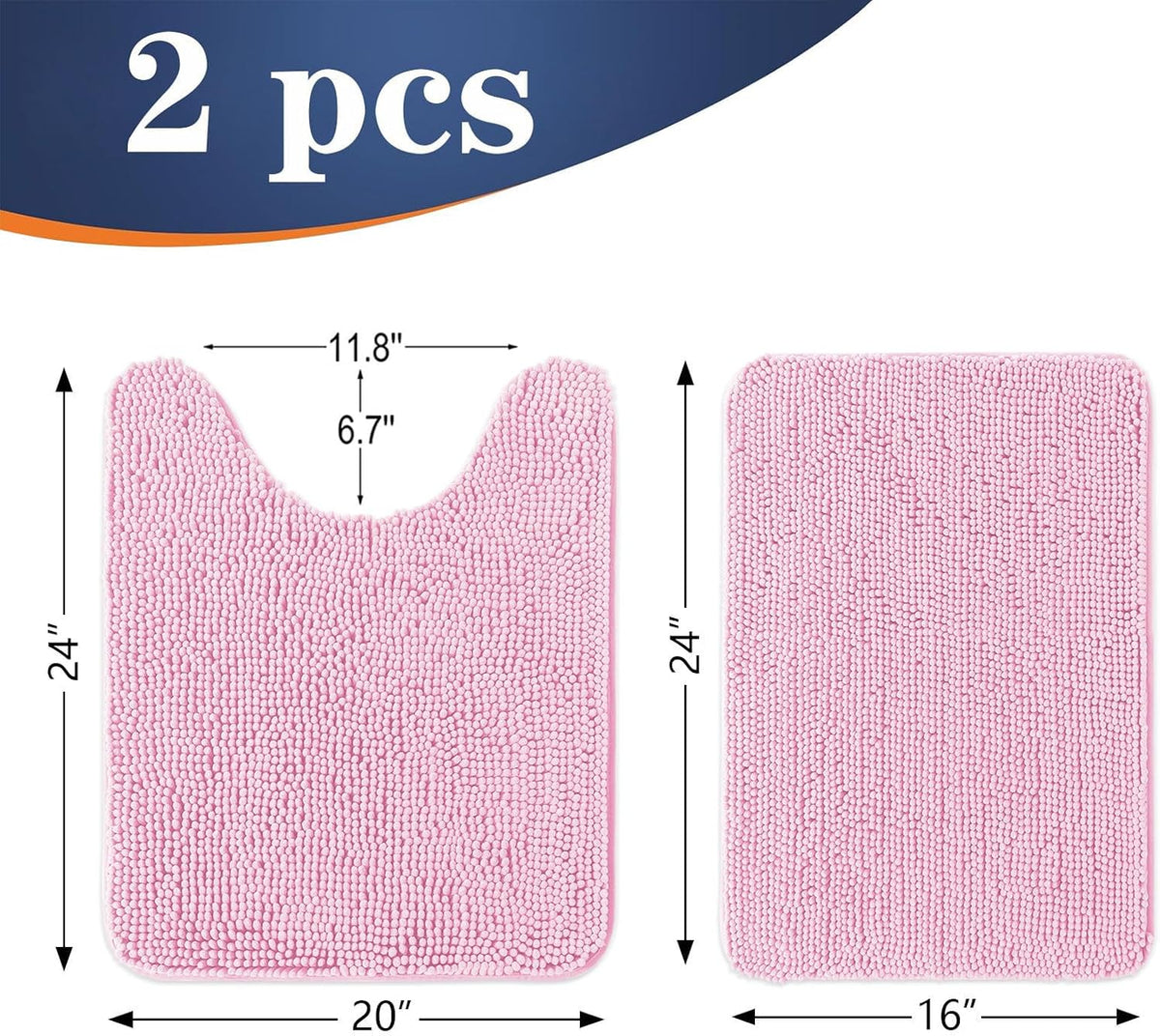 Chenille Bathroom Rugs Mats Sets 2 Piece, 24"x16"+24"x20", Pink