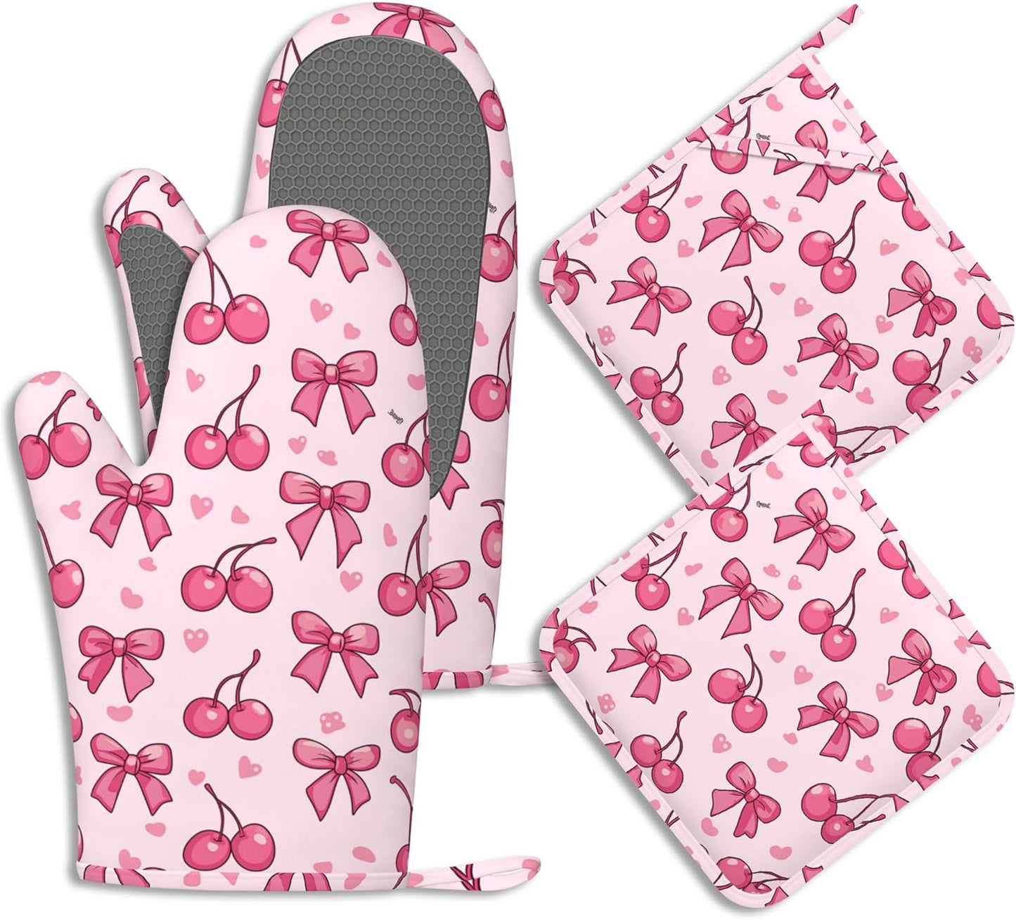 Cute Bows Cherry Oven Mitts and Pot Holders Sets of 4 Pink Love Heart Heat Resistant Silicone Oven Mits Gloves Non-Slip Kitchen Mittens Potholders for Cooking Baking Grilling BBQ