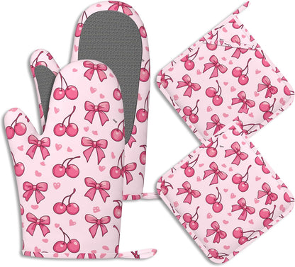 Cute Bows Cherry Oven Mitts and Pot Holders Sets of 4 Pink Love Heart Heat Resistant Silicone Oven Mits Gloves Non-Slip Kitchen Mittens Potholders for Cooking Baking Grilling BBQ