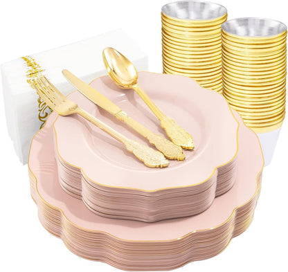 175PCS Pink Plates with Gold Disposable Silverware - Include 50 Pink Plastic Plates,25 Knives,25 Forks,25 Spoons,25 Cups and 25 Napkins - Ideal for Party/Wedding/Banquet/Baby Shower