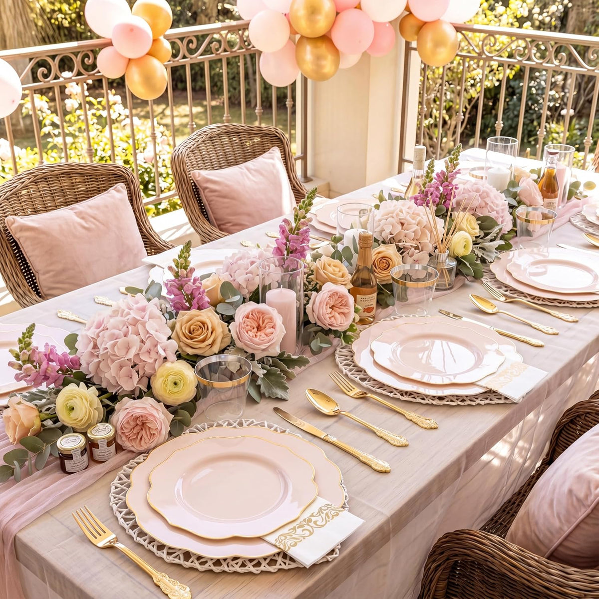175PCS Pink Plates with Gold Disposable Silverware - Include 50 Pink Plastic Plates,25 Knives,25 Forks,25 Spoons,25 Cups and 25 Napkins - Ideal for Party/Wedding/Banquet/Baby Shower
