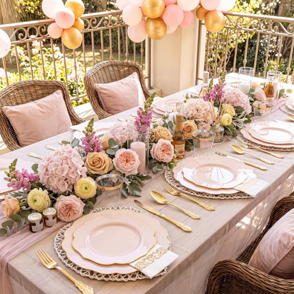 175PCS Pink Plates with Gold Disposable Silverware - Include 50 Pink Plastic Plates,25 Knives,25 Forks,25 Spoons,25 Cups and 25 Napkins - Ideal for Party/Wedding/Banquet/Baby Shower