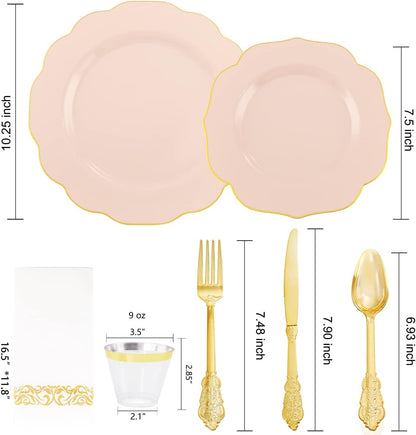 175PCS Pink Plates with Gold Disposable Silverware - Include 50 Pink Plastic Plates,25 Knives,25 Forks,25 Spoons,25 Cups and 25 Napkins - Ideal for Party/Wedding/Banquet/Baby Shower