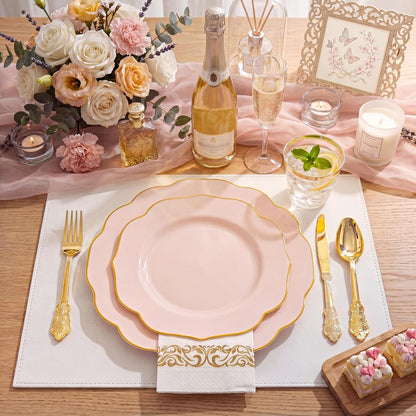 175PCS Pink Plates with Gold Disposable Silverware - Include 50 Pink Plastic Plates,25 Knives,25 Forks,25 Spoons,25 Cups and 25 Napkins - Ideal for Party/Wedding/Banquet/Baby Shower