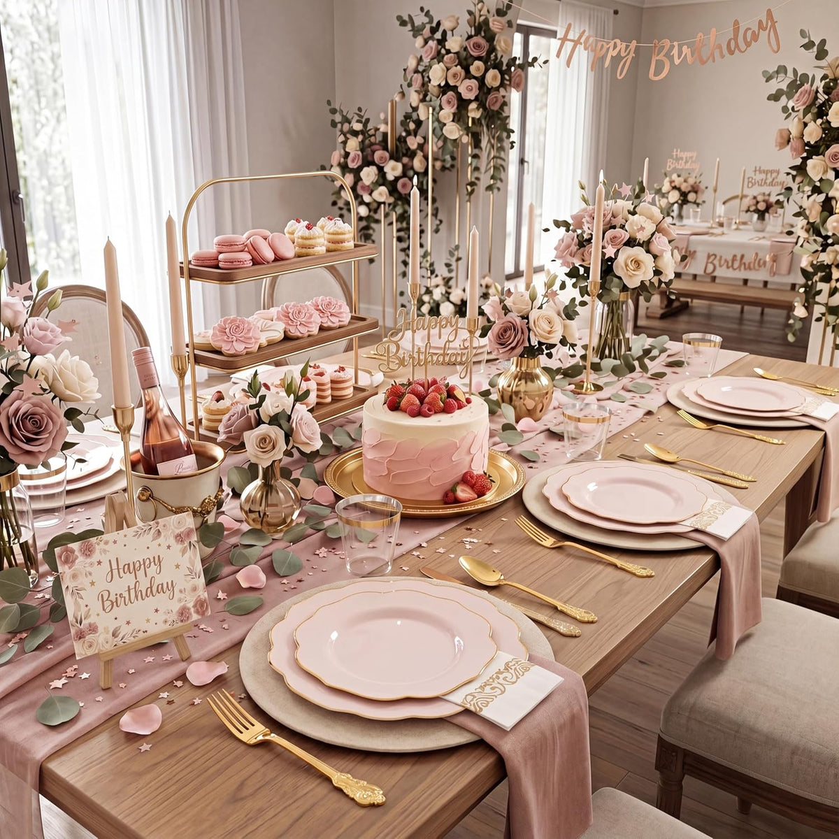 175PCS Pink Plates with Gold Disposable Silverware - Include 50 Pink Plastic Plates,25 Knives,25 Forks,25 Spoons,25 Cups and 25 Napkins - Ideal for Party/Wedding/Banquet/Baby Shower