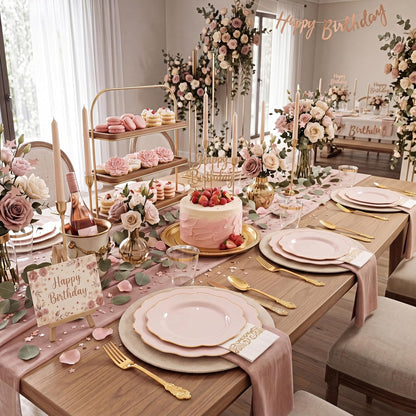 175PCS Pink Plates with Gold Disposable Silverware - Include 50 Pink Plastic Plates,25 Knives,25 Forks,25 Spoons,25 Cups and 25 Napkins - Ideal for Party/Wedding/Banquet/Baby Shower