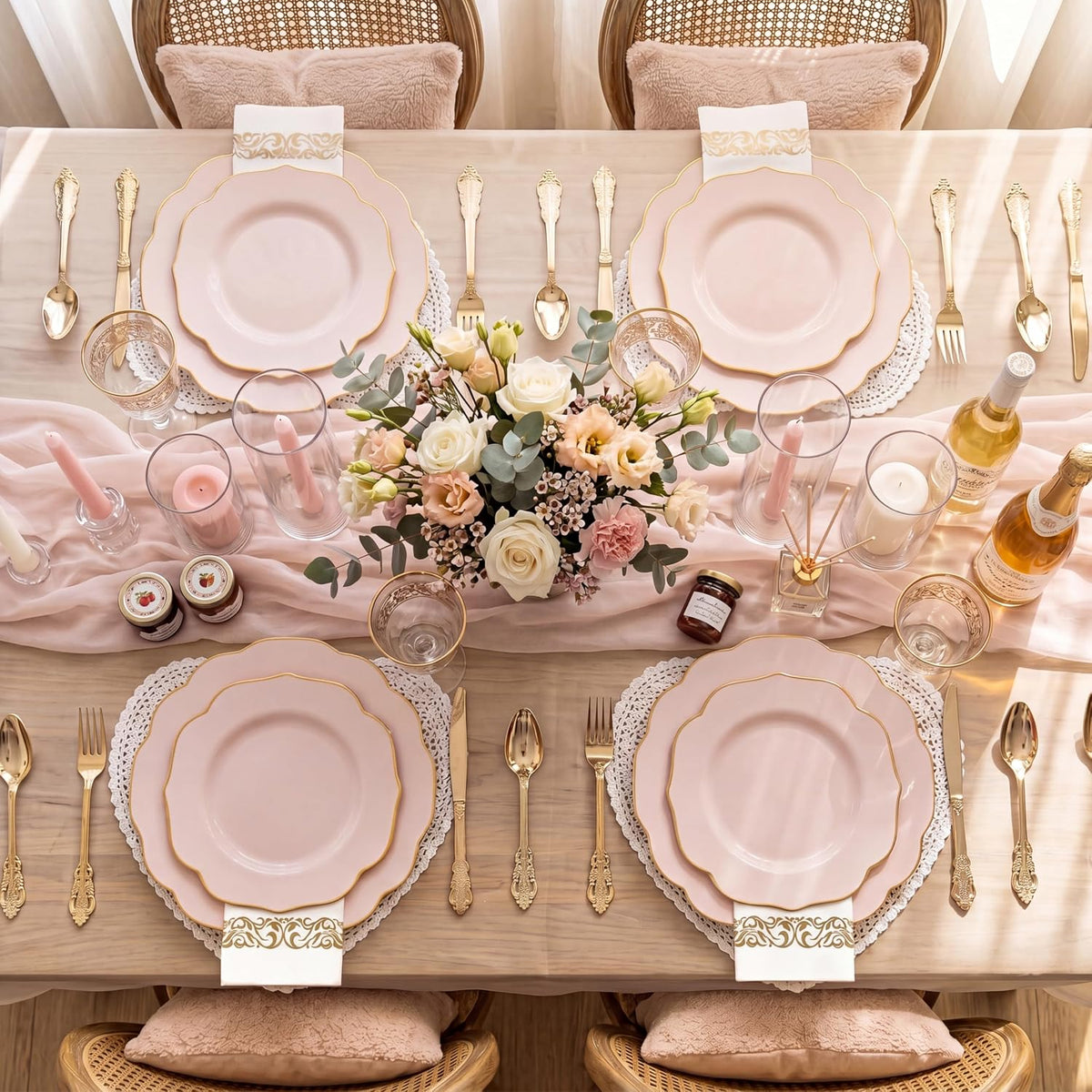 175PCS Pink Plates with Gold Disposable Silverware - Include 50 Pink Plastic Plates,25 Knives,25 Forks,25 Spoons,25 Cups and 25 Napkins - Ideal for Party/Wedding/Banquet/Baby Shower