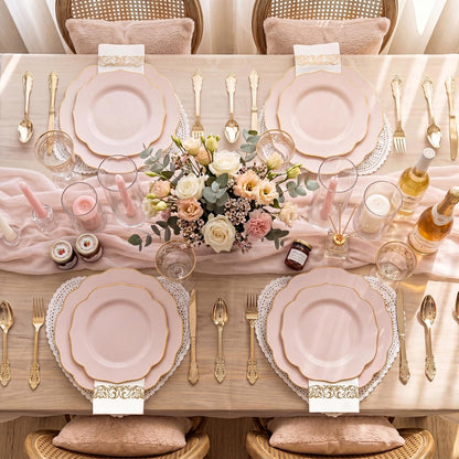 175PCS Pink Plates with Gold Disposable Silverware - Include 50 Pink Plastic Plates,25 Knives,25 Forks,25 Spoons,25 Cups and 25 Napkins - Ideal for Party/Wedding/Banquet/Baby Shower