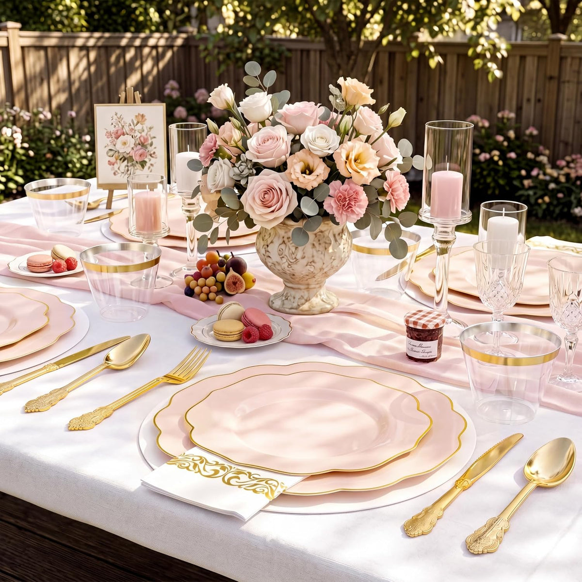 175PCS Pink Plates with Gold Disposable Silverware - Include 50 Pink Plastic Plates,25 Knives,25 Forks,25 Spoons,25 Cups and 25 Napkins - Ideal for Party/Wedding/Banquet/Baby Shower