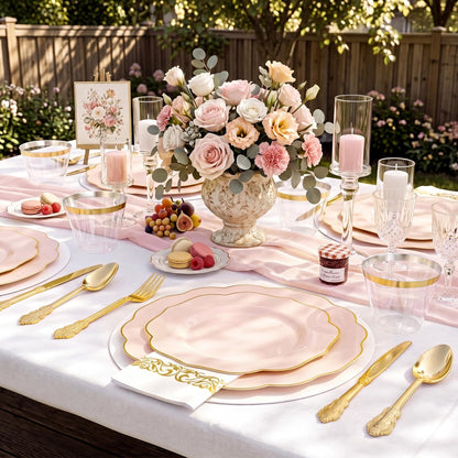 175PCS Pink Plates with Gold Disposable Silverware - Include 50 Pink Plastic Plates,25 Knives,25 Forks,25 Spoons,25 Cups and 25 Napkins - Ideal for Party/Wedding/Banquet/Baby Shower
