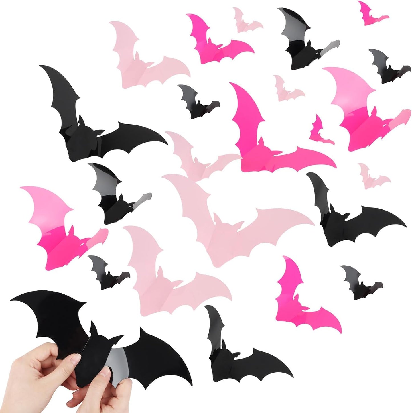 144pcs Pastel Halloween Bats Wall Decorations,PVC Waterproof Pink Black 3D Bat Stickers for Home Indoor Room Outdoor Summer Halloween Party Scene Decals Decoration