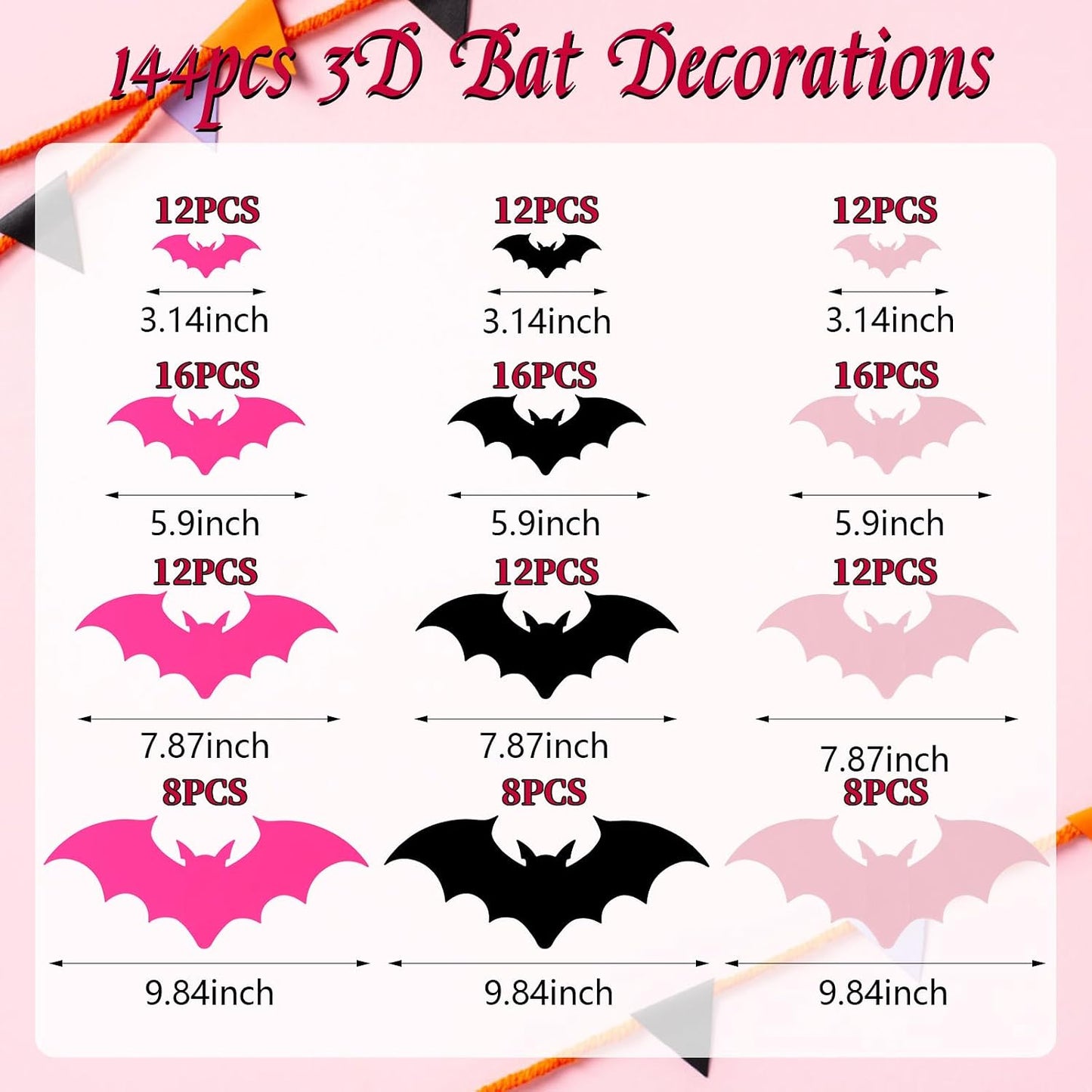 144pcs Pastel Halloween Bats Wall Decorations,PVC Waterproof Pink Black 3D Bat Stickers for Home Indoor Room Outdoor Summer Halloween Party Scene Decals Decoration