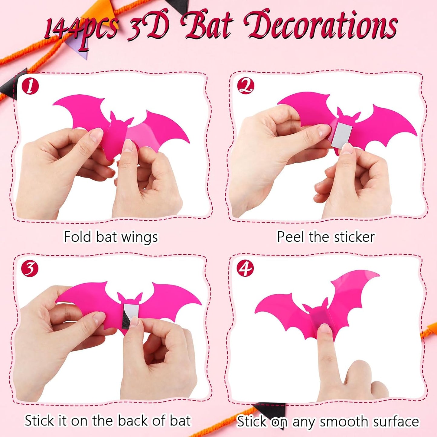 144pcs Pastel Halloween Bats Wall Decorations,PVC Waterproof Pink Black 3D Bat Stickers for Home Indoor Room Outdoor Summer Halloween Party Scene Decals Decoration