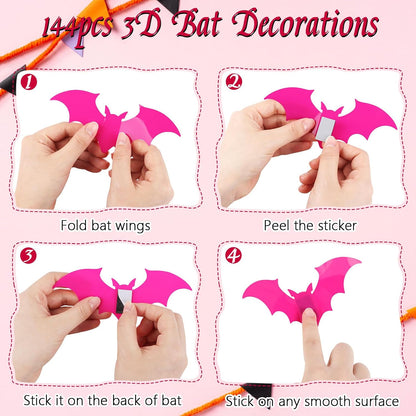 144pcs Pastel Halloween Bats Wall Decorations,PVC Waterproof Pink Black 3D Bat Stickers for Home Indoor Room Outdoor Summer Halloween Party Scene Decals Decoration